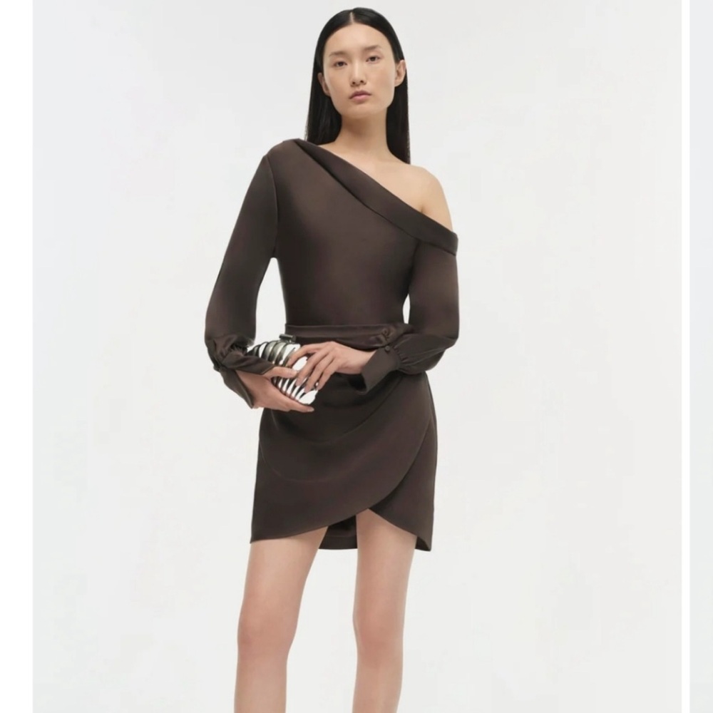 SIMKHAI Cameron One Shoulder Mini Dress in Chocolate Brown